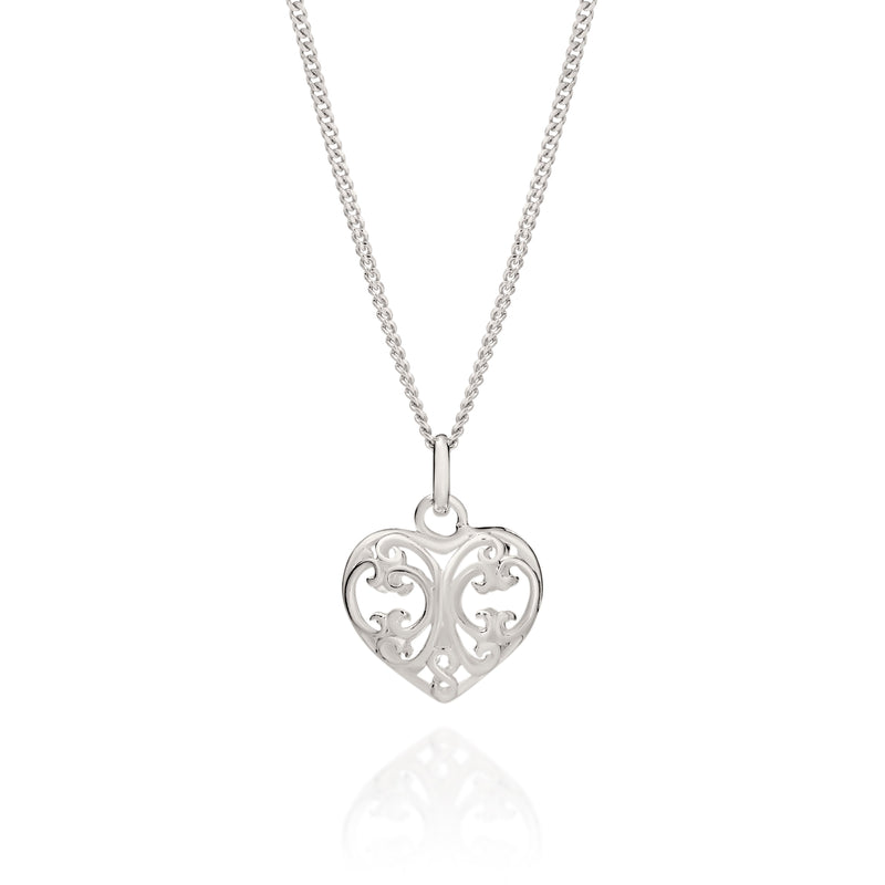 Silver filigree puffed heart pendant