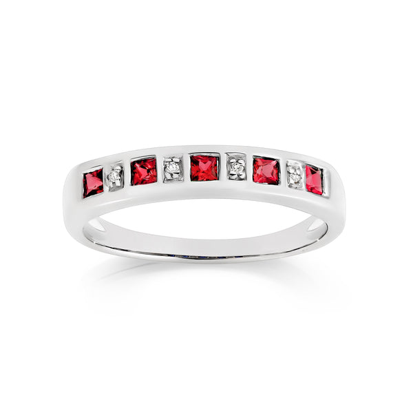 Silver created ruby & diamond ring