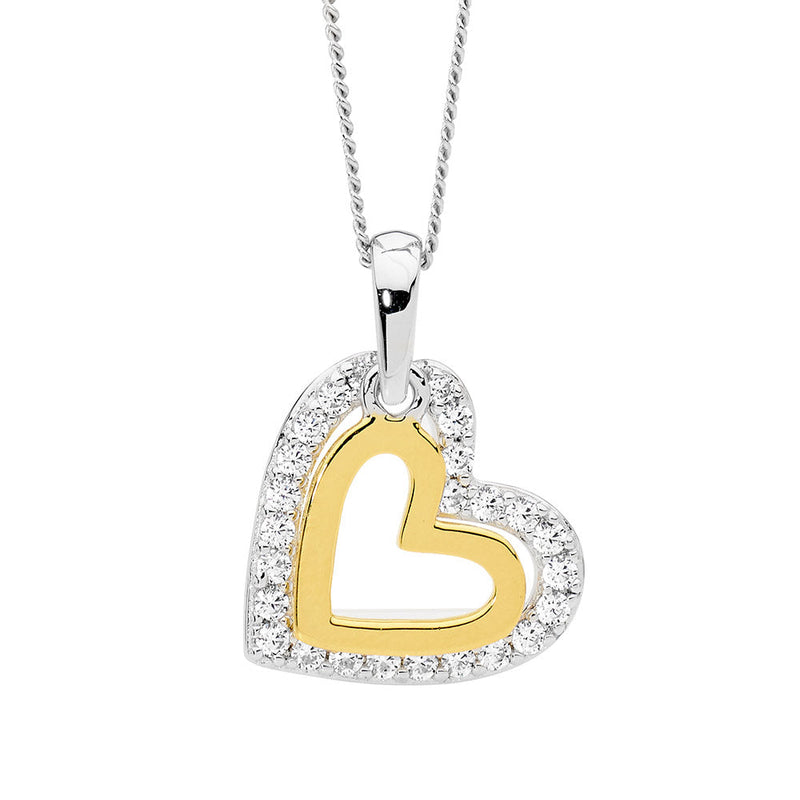 Sterling Silver cubic zirconia heart pendant with gold plating on chain