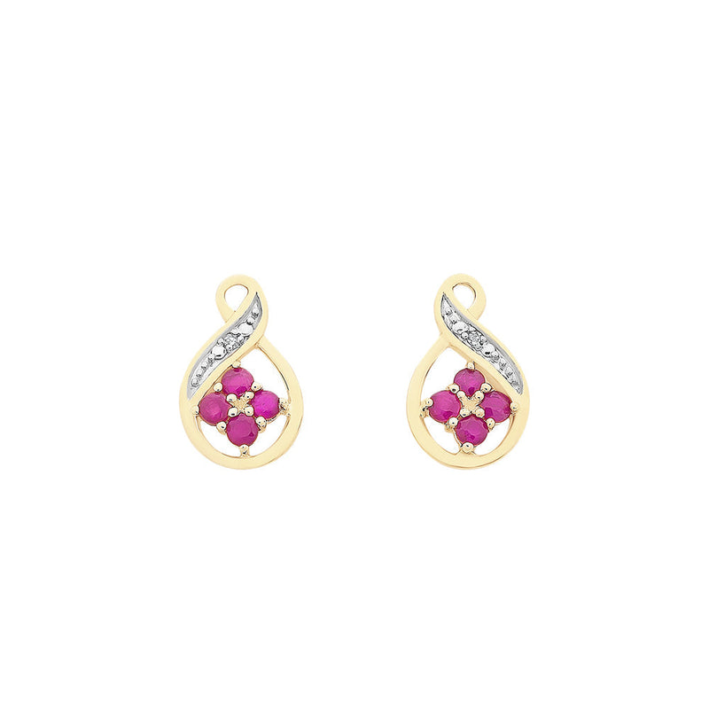 9ct Yellow Gold Natural Ruby & Diamond Stud Earrings