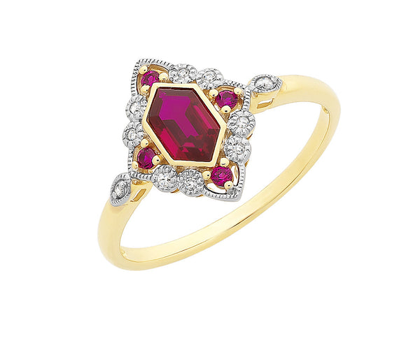 9ct Gold Created Ruby & Diamond Ring